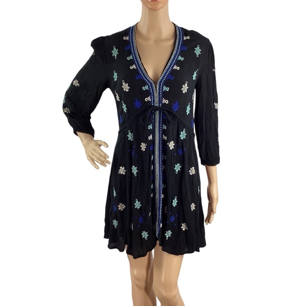 Free People Stargazer Embroidered Mini Dress Black XS